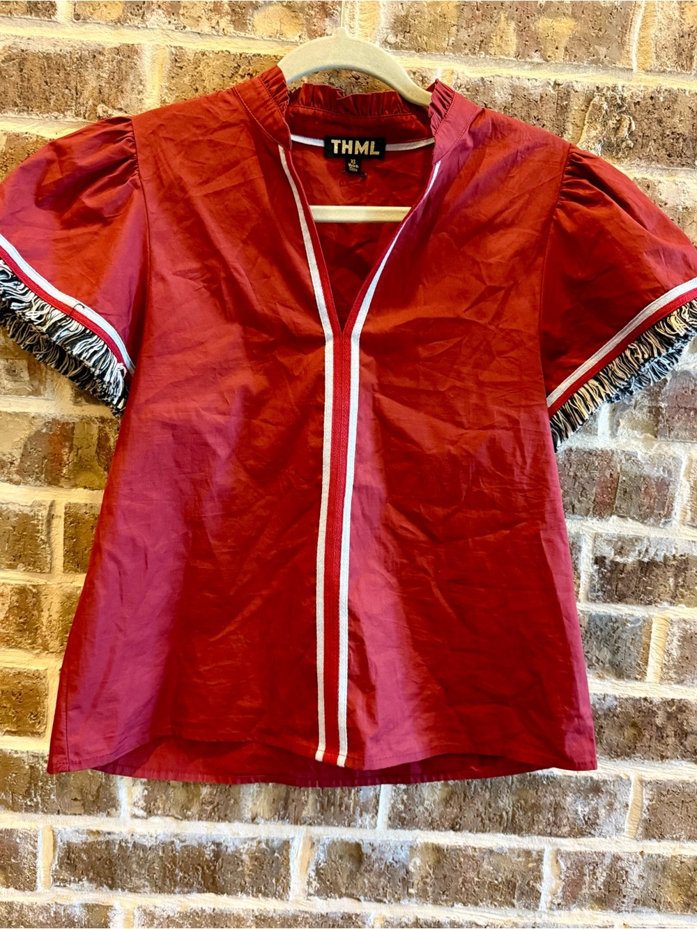 THML Short Sleeve Fringe Trim Blouse